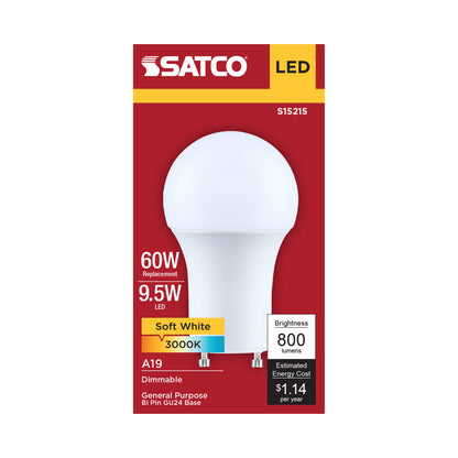 Satco S15215 9.5W A19 Soft White LED Light Bulb Bi Pin GU24 Base