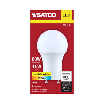 Satco S15216 9.5W A19 Neutral White LED Light Bulb Bi Pin GU24 Base