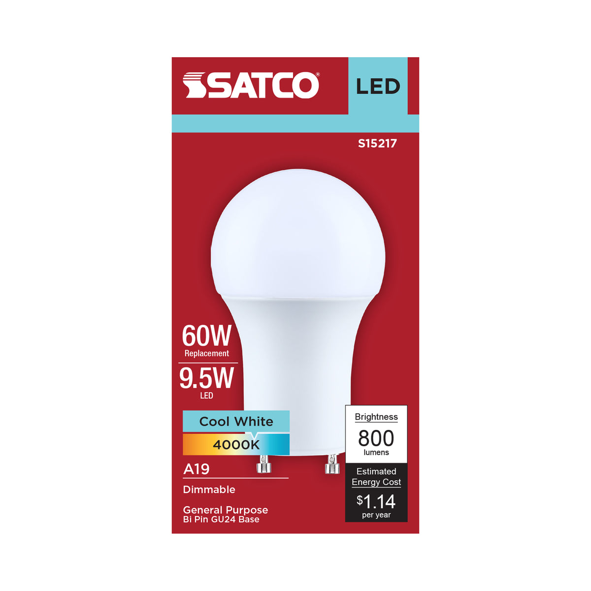 Satco S15217 9.5W A19 Cool White LED Light Bulb Bi Pin GU24 Base