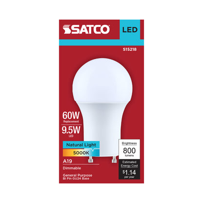 Satco S15218 9.5W A19 Natural Light LED Light Bulb Bi Pin GU24 Base