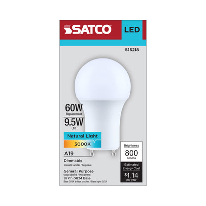 Satco S15218 9.5W A19 Natural Light LED Light Bulb Bi Pin GU24 Base