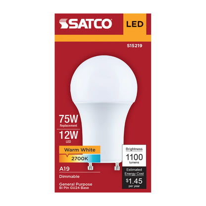 Satco S15219 12W A19 Warm White LED Light Bulb Bi Pin GU24 Base