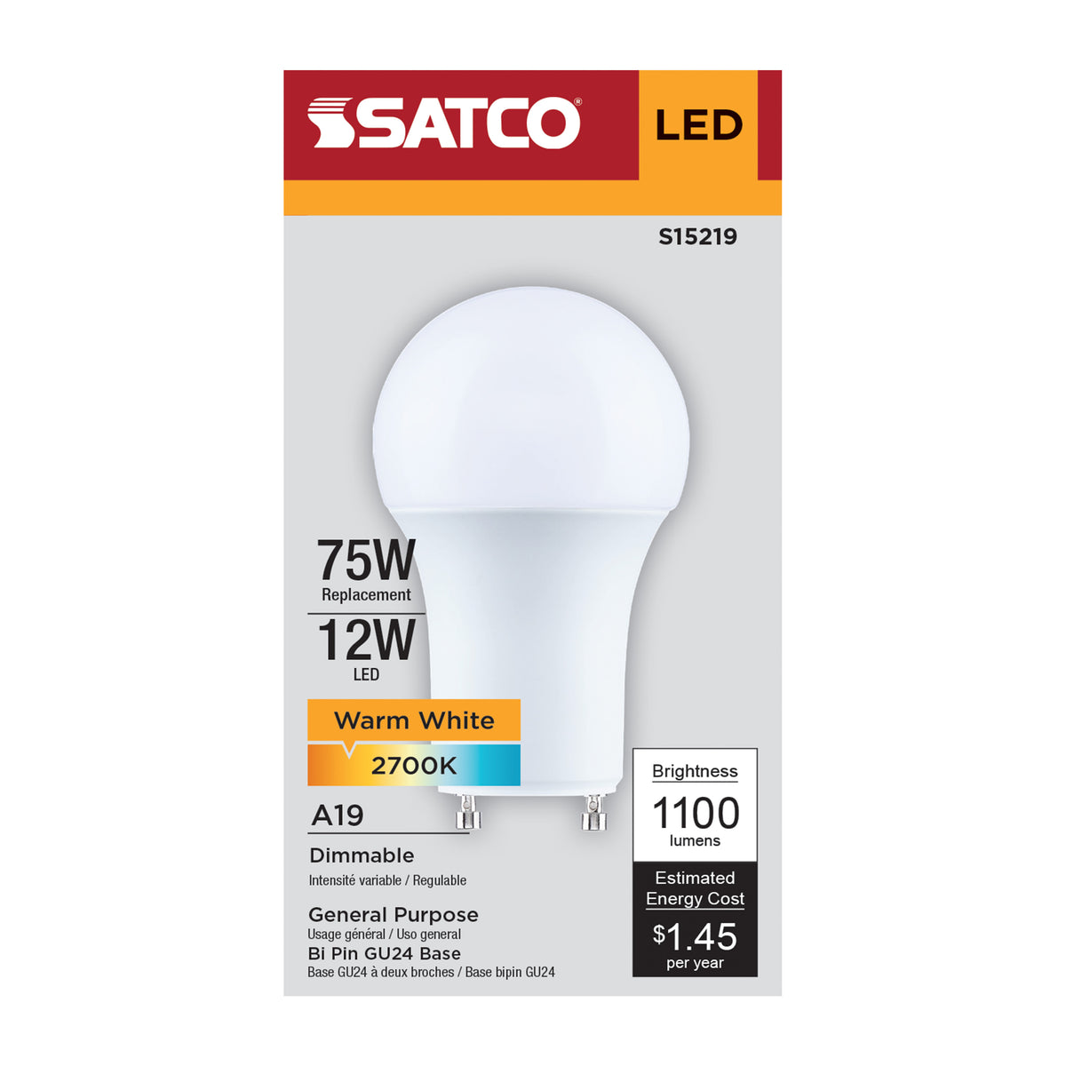 Satco S15219 12W A19 Warm White LED Light Bulb Bi Pin GU24 Base