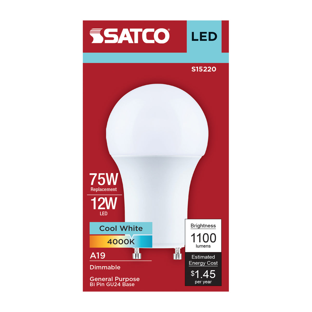 Satco S15220 12W A19 Cool White LED Light Bulb Bi Pin GU24 Base