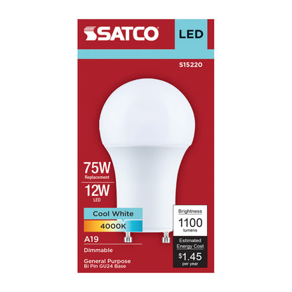 Satco S15220 12W A19 Cool White LED Light Bulb Bi Pin GU24 Base
