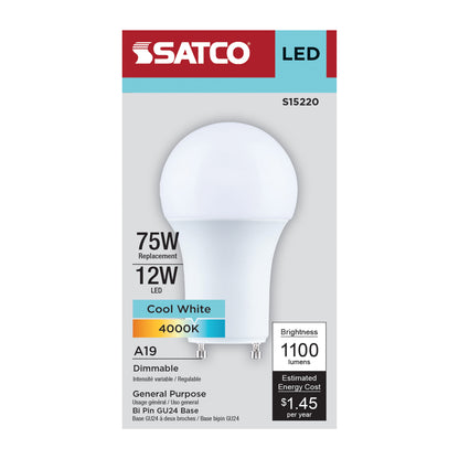 Satco S15220 12W A19 Cool White LED Light Bulb Bi Pin GU24 Base