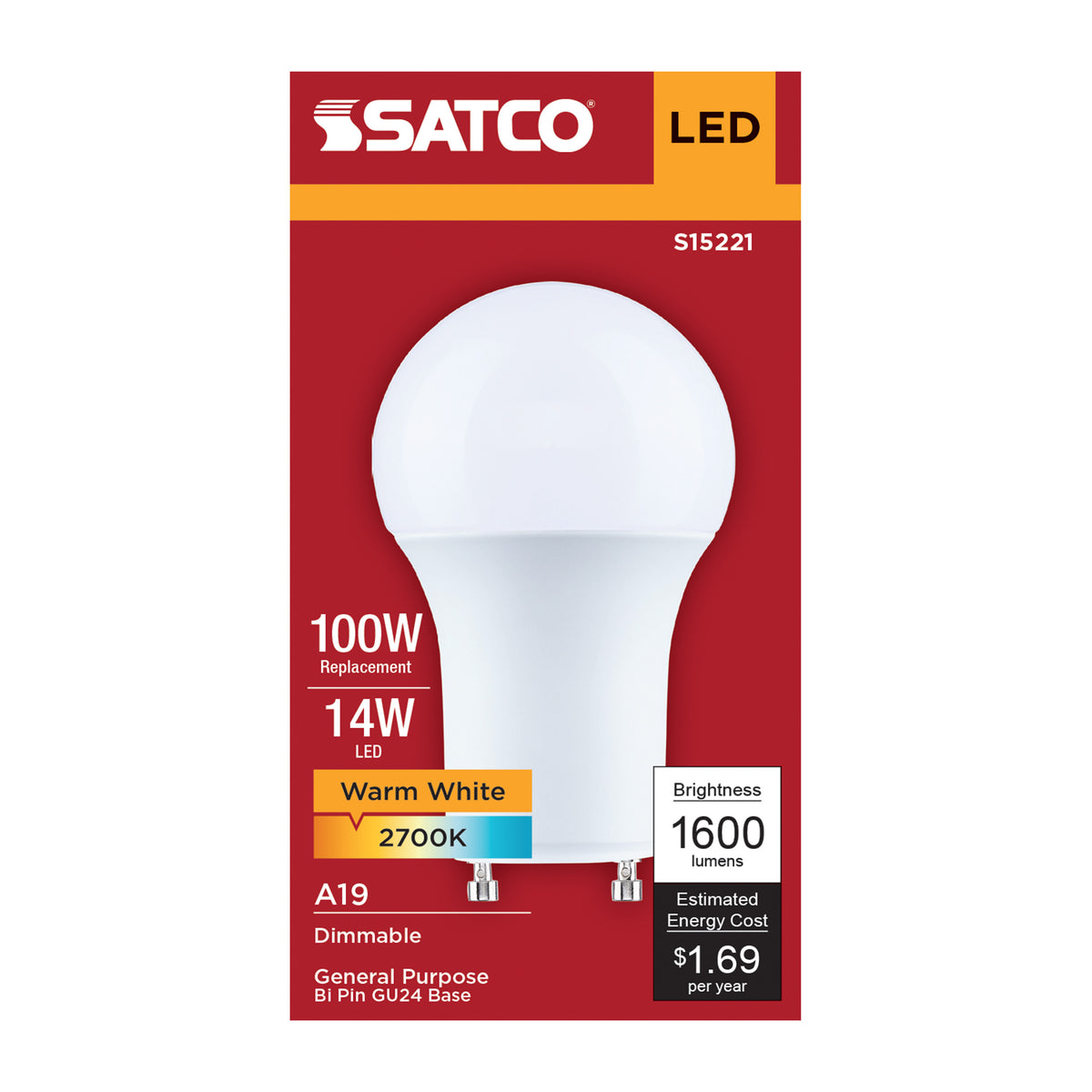 Satco S15221 14W A19 Warm White LED Light Bulb Bi Pin GU24 Base