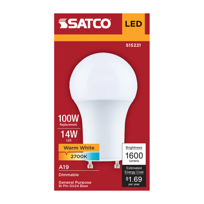 Satco S15221 14W A19 Warm White LED Light Bulb Bi Pin GU24 Base