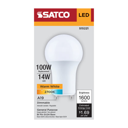 Satco S15221 14W A19 Warm White LED Light Bulb Bi Pin GU24 Base
