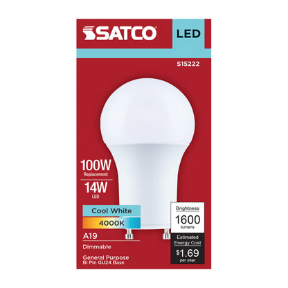 Satco S15222 14W A19 Cool White LED Light Bulb Bi Pin GU24 Base