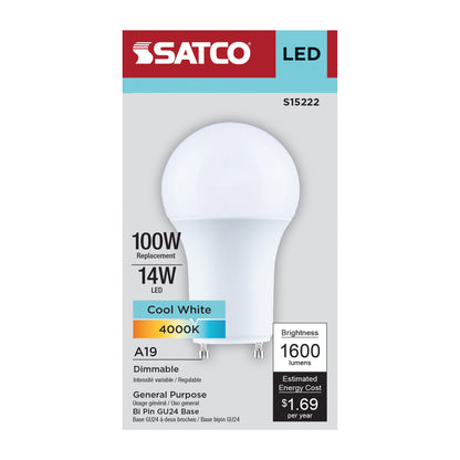 Satco S15222 14W A19 Cool White LED Light Bulb Bi Pin GU24 Base