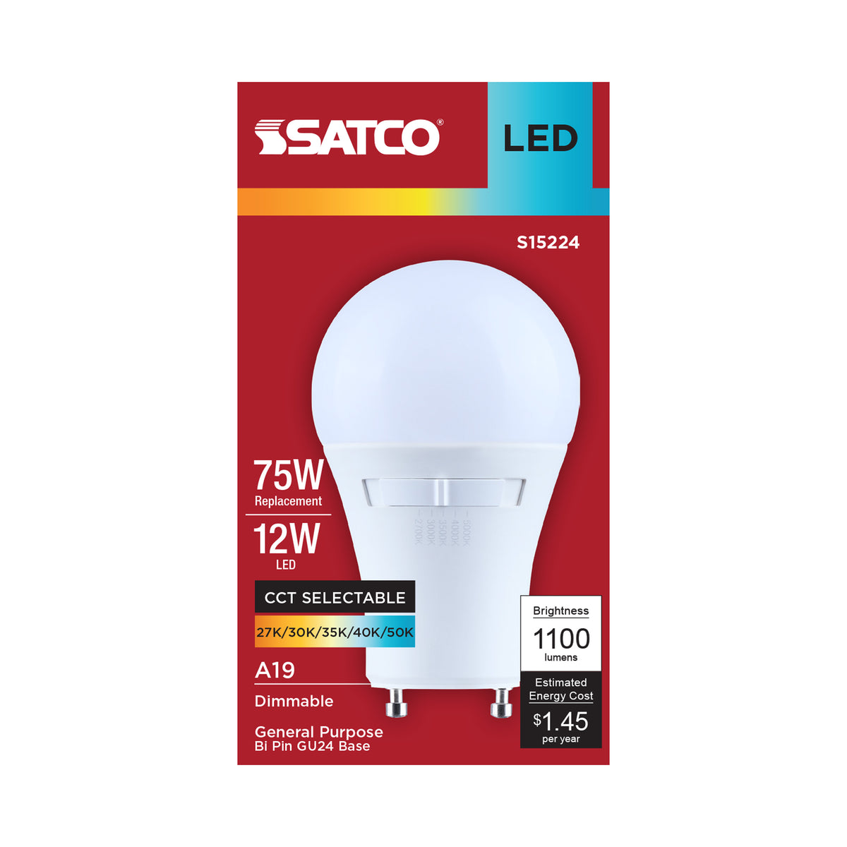 Satco S15224 12W A19 CCT Selectable LED Light Bulb Bi Pin GU24 Base