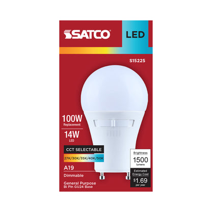 Satco S15225 14W A19 CCT Selectable LED Light Bulb Bi Pin GU24 Base