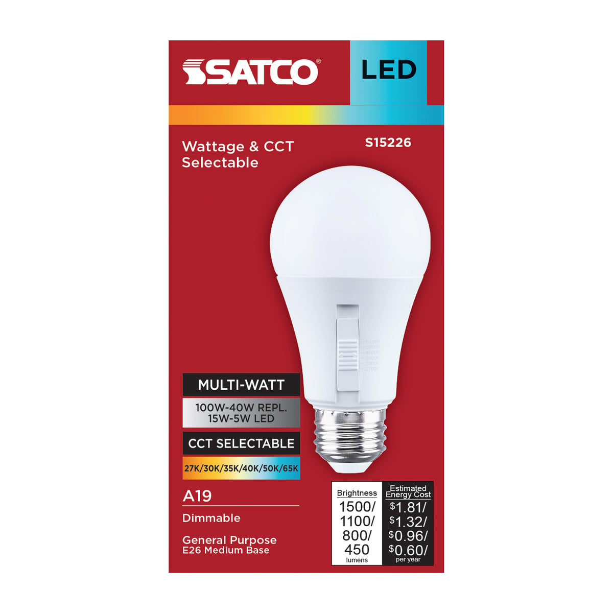 Satco S15226 15W/11W/8W/5W A19 CCT Selectable LED Light Bulb Medium Base