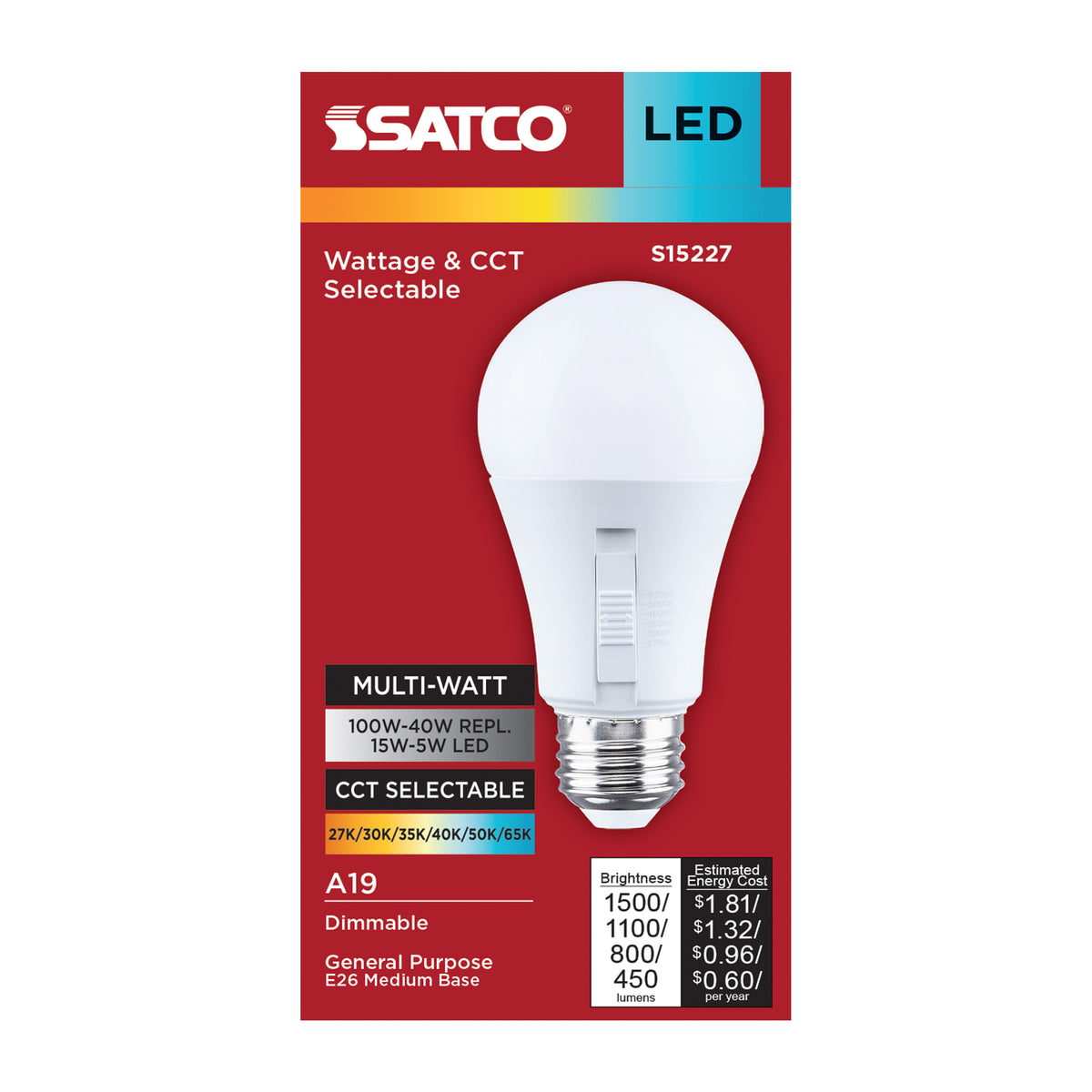Satco S15227 15W/11W/8W/5W A19 CCT Selectable LED Light Bulb Medium Base