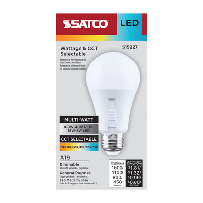 Satco S15227 15W/11W/8W/5W A19 CCT Selectable LED Light Bulb Medium Base