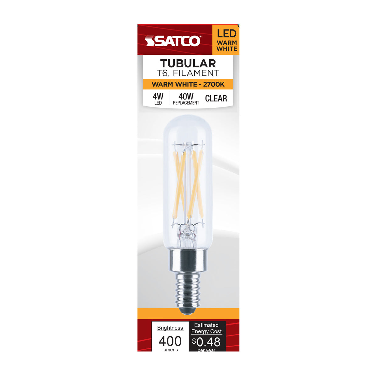 Satco S21380 4W T6 Warm White LED Light Bulb Candelabra Base