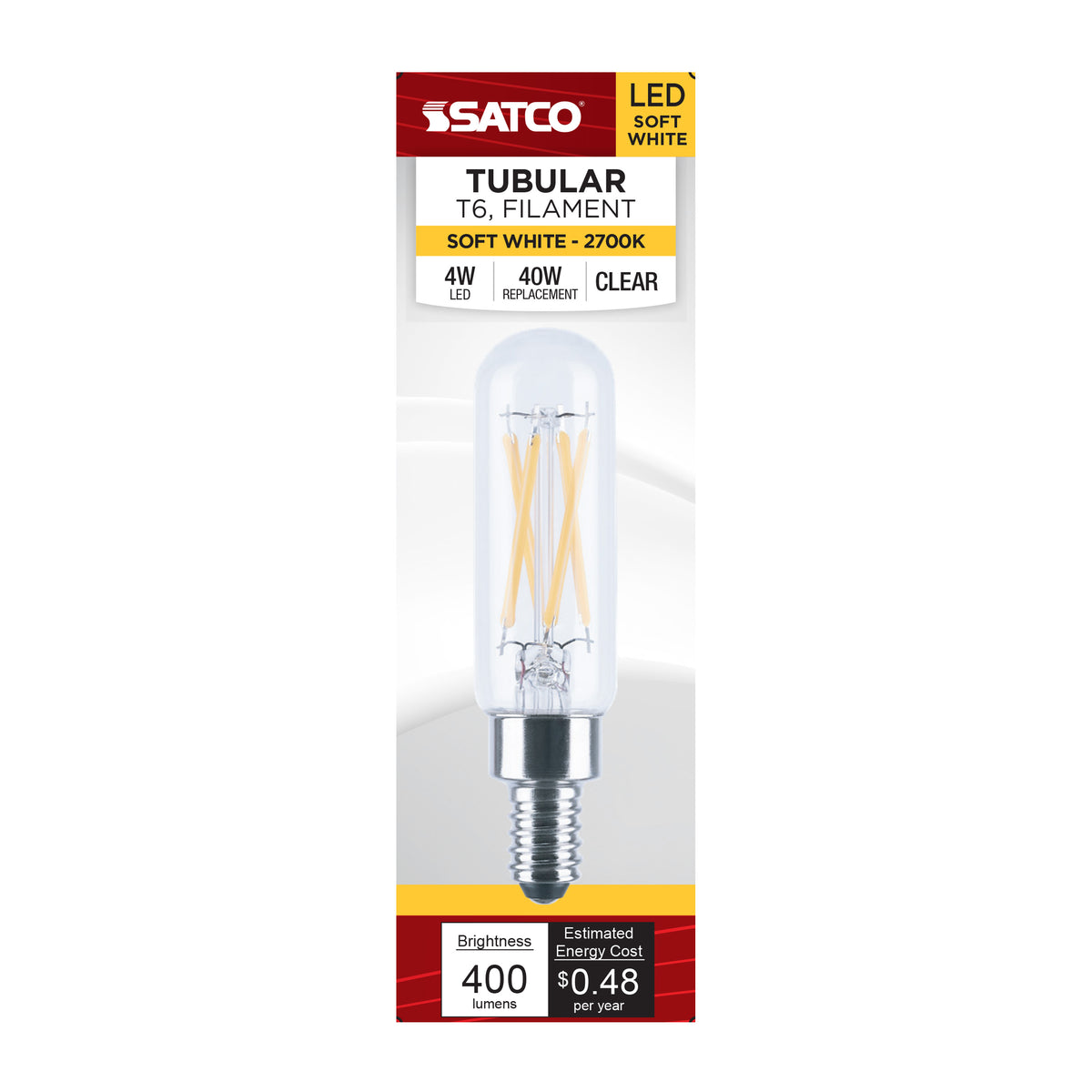 Satco S21381 4W T6 Soft White LED Light Bulb Candelabra Base