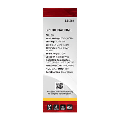 Satco S21381 4W T6 Soft White LED Light Bulb Candelabra Base