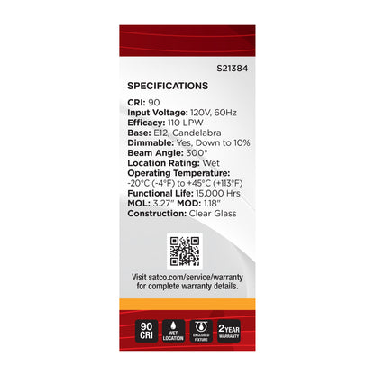 Satco S21384 5W T9 Warm White LED Light Bulb Candelabra Base