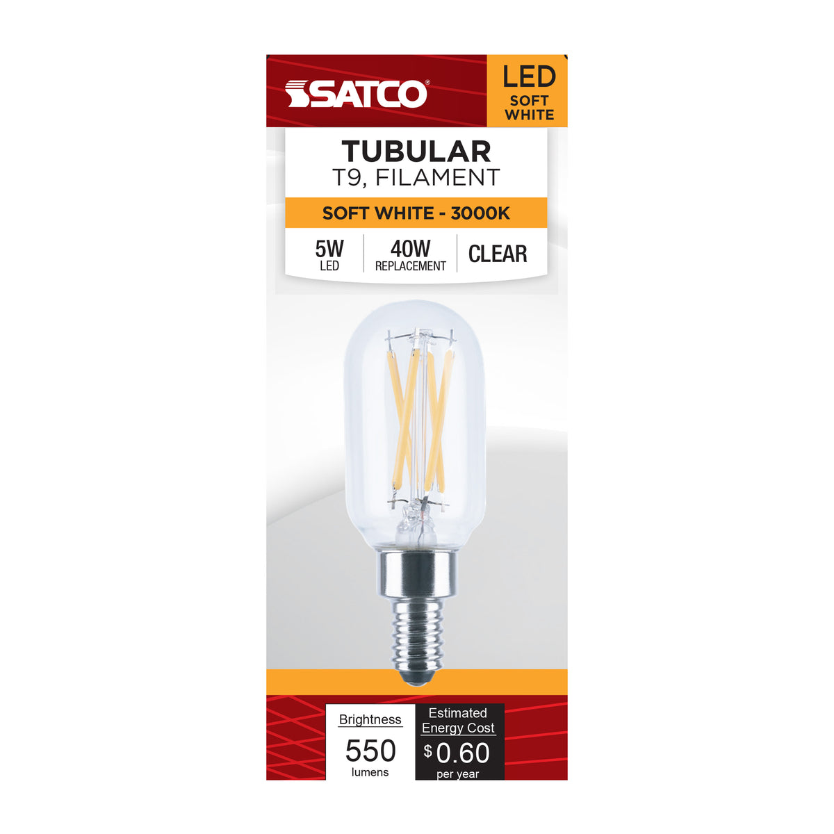 Satco S21385 5W T9 Soft White LED Light Bulb Candelabra Base