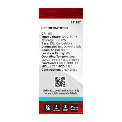 Satco S21387 5W T9 Natural Light LED Light Bulb Candelabra Base
