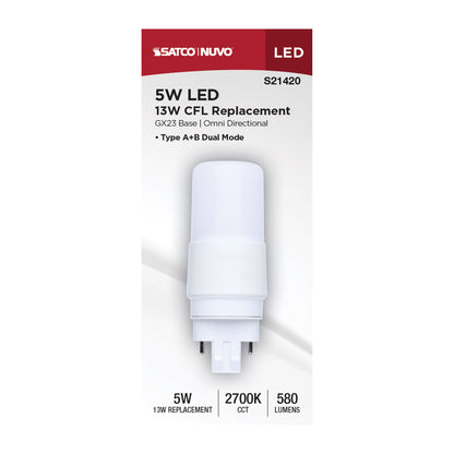 Satco S21420 5W PL Warm White LED Light Bulb GX23 (2-Pin) Base