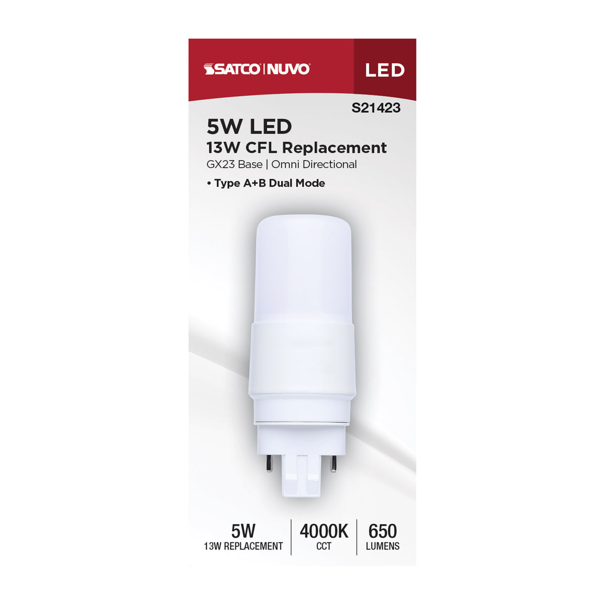 Satco S21423 5W PL Cool White LED Light Bulb GX23 (2-Pin) Base