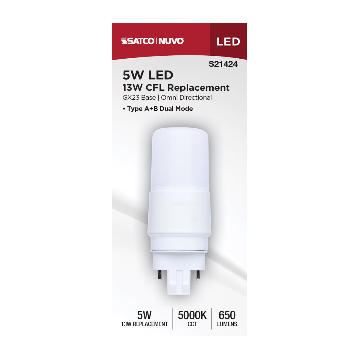Satco S21424 5W PL Natural Light LED Light Bulb GX23 (2-Pin) Base
