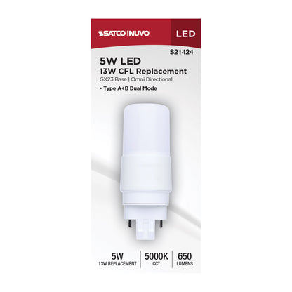 Satco S21424 5W PL Natural Light LED Light Bulb GX23 (2-Pin) Base