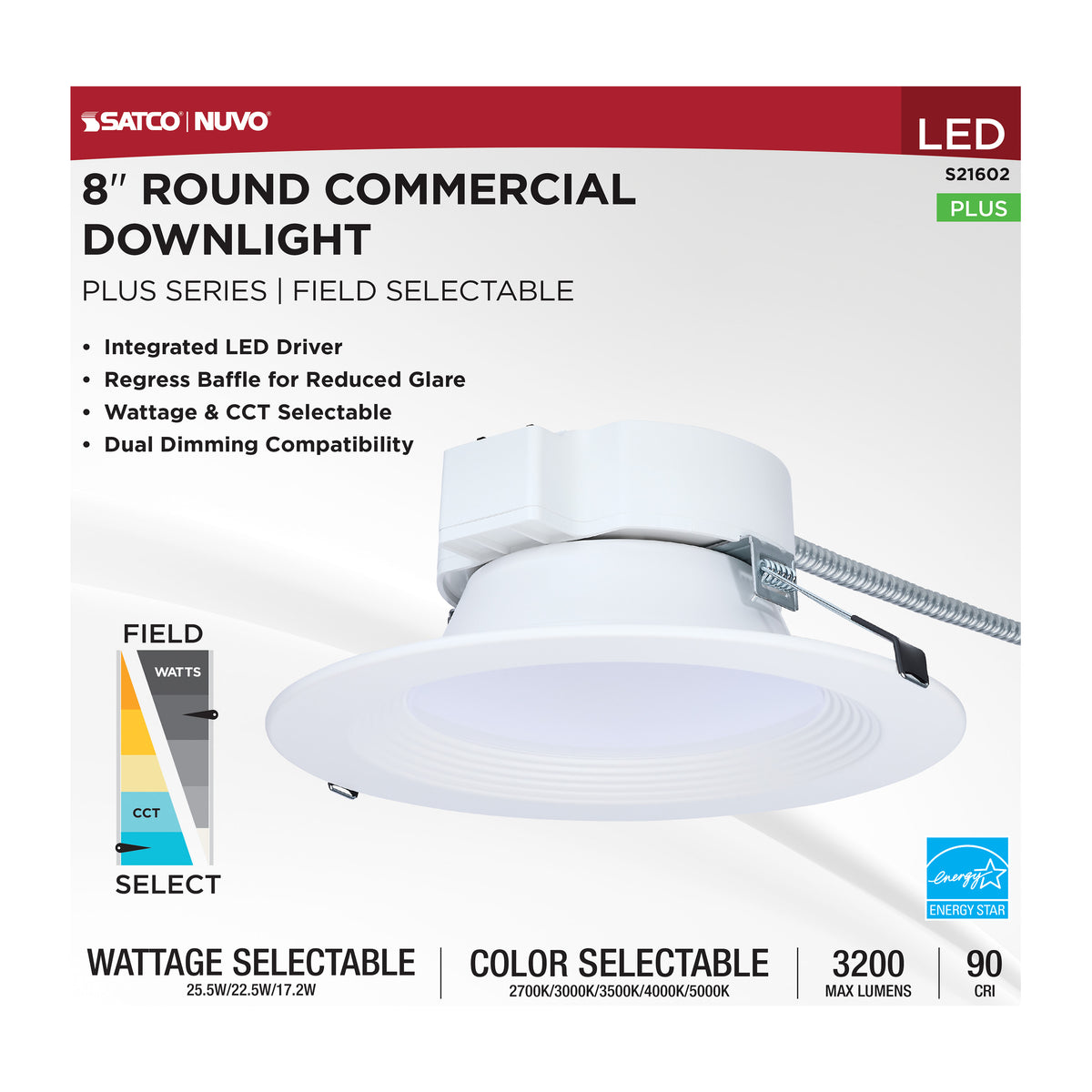 Satco S21602 25.5W/22.5W/17.2W Integrated LED CCT Selectable LED Light Bulb Integrated Base