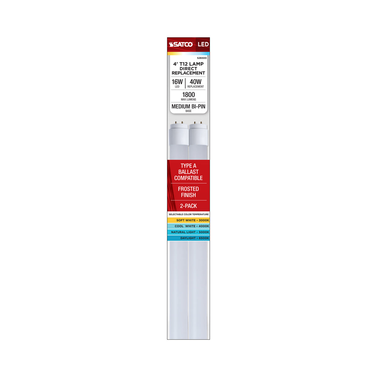 Satco S26500 16W T12 CCT Selectable LED Light Bulb Medium Bi Pin Base