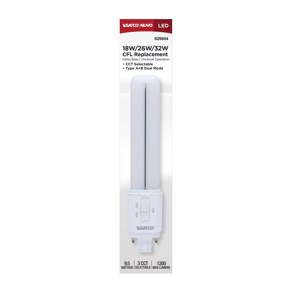 Satco S29854 9.5W PL CCT Selectable LED Light Bulb G24q (4-Pin) Base