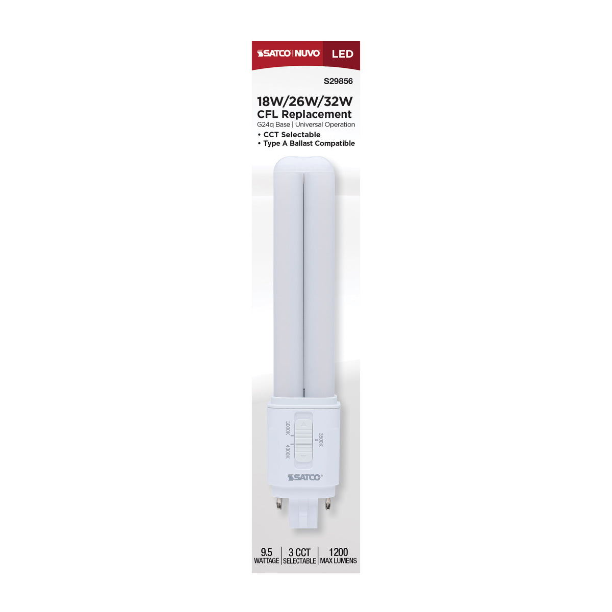 Satco S29856 9.5W PL CCT Selectable LED Light Bulb G24q (4-Pin) Base