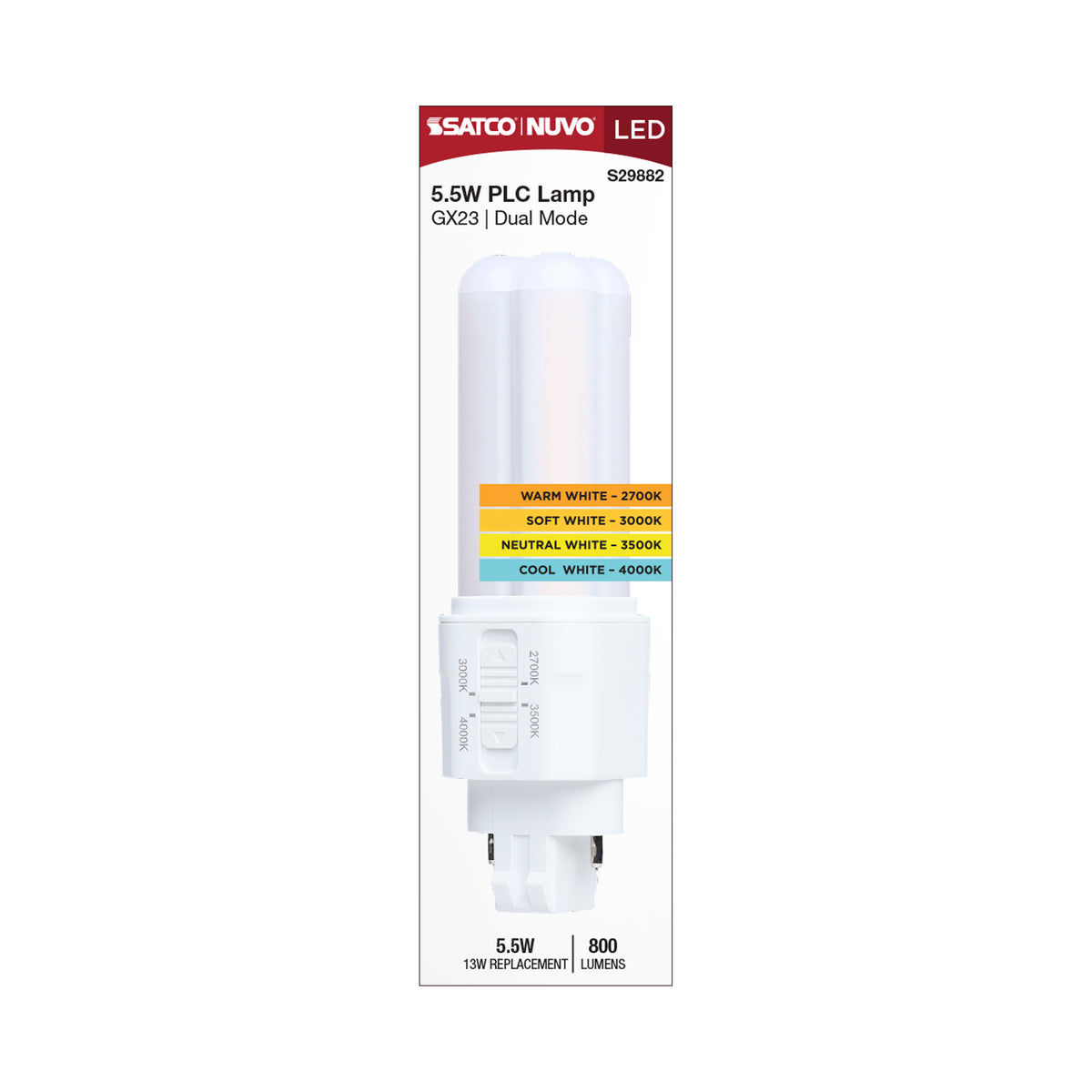 Satco S29882 5.5W PLC CCT Selectable LED Light Bulb GX23 (2-Pin) Base