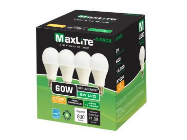 MaxLite E9A19ND27/4P/WS-149 Enclosed 9W A19 NON-DIM 2700K - 4 Pack - Wingstack (must Order In Qty Of 36)