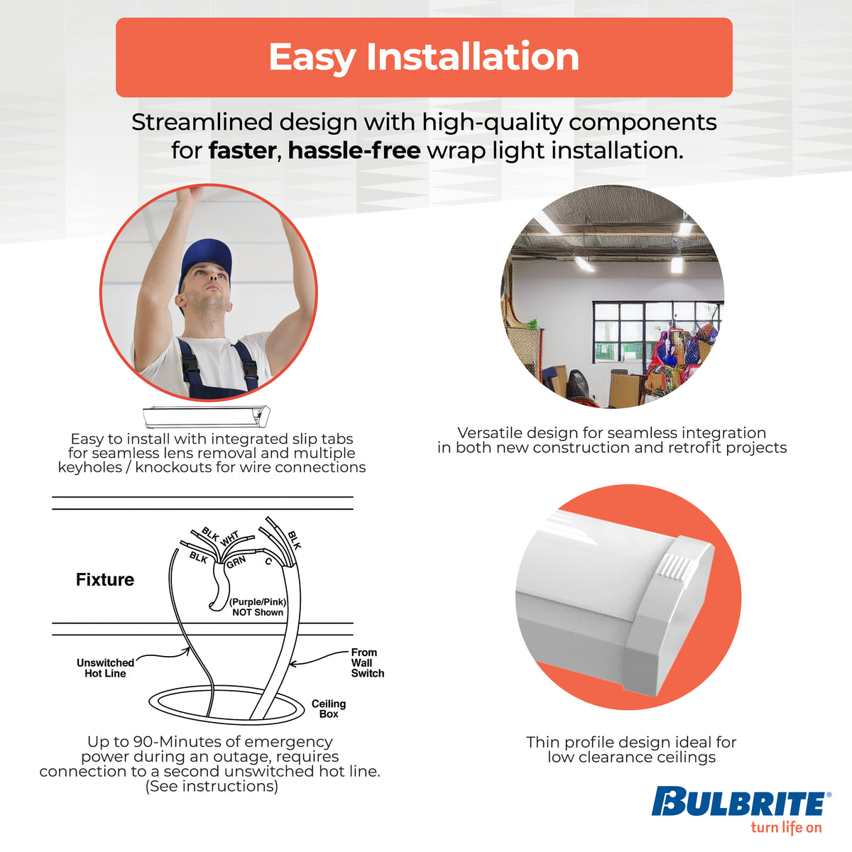 Bulbrite 773505 2 ft. Integrated 5 Color Selectable LED Dimmable Wraparound Light W/ Battery Backup (120-277v), 2300 Lumens, White